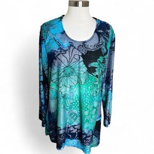 Variations Top Womens XXL Teal Blue Floral Layered Boho Lagenlook Tunic Artsy